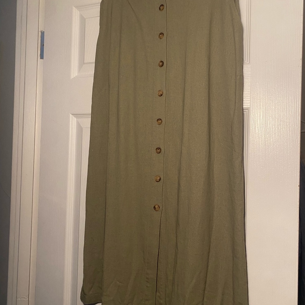 Olive/Green Linen Button-Down Midi Skirt